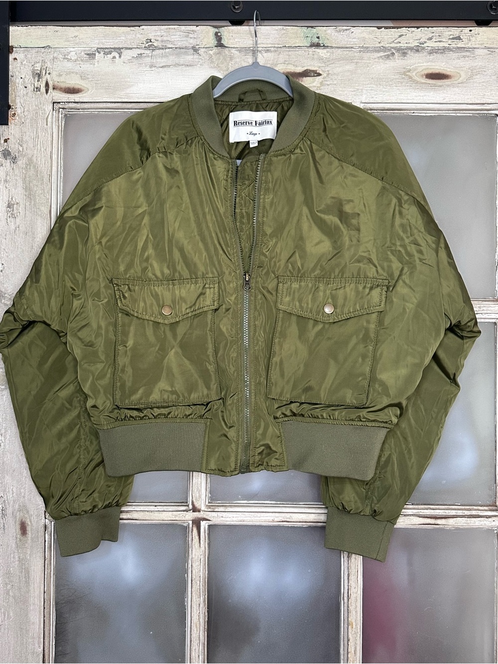 Reserve Fairfax Large Olive Green Oversized Bomber Jacket Utility Cropped